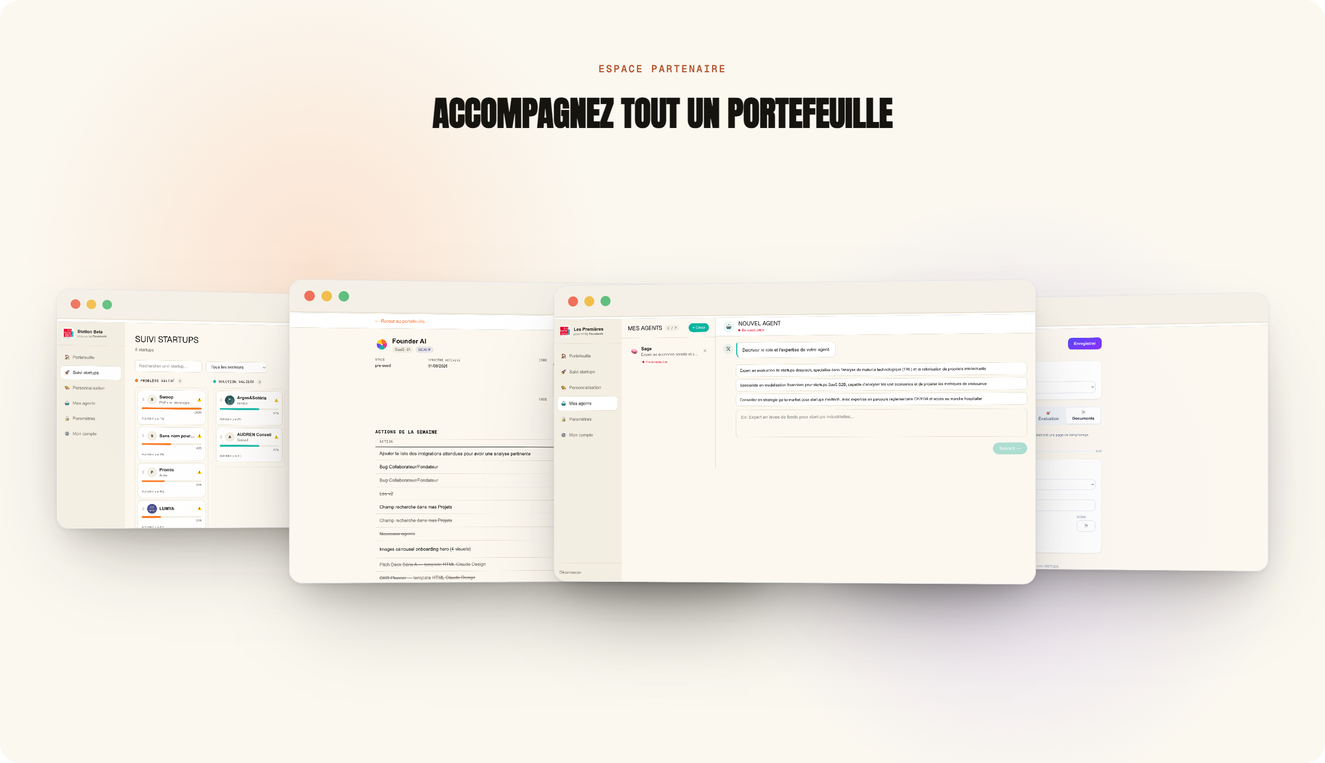 Portail partenaire FounderAI : pipeline, fiche startup, agents personnalisés, personnalisation