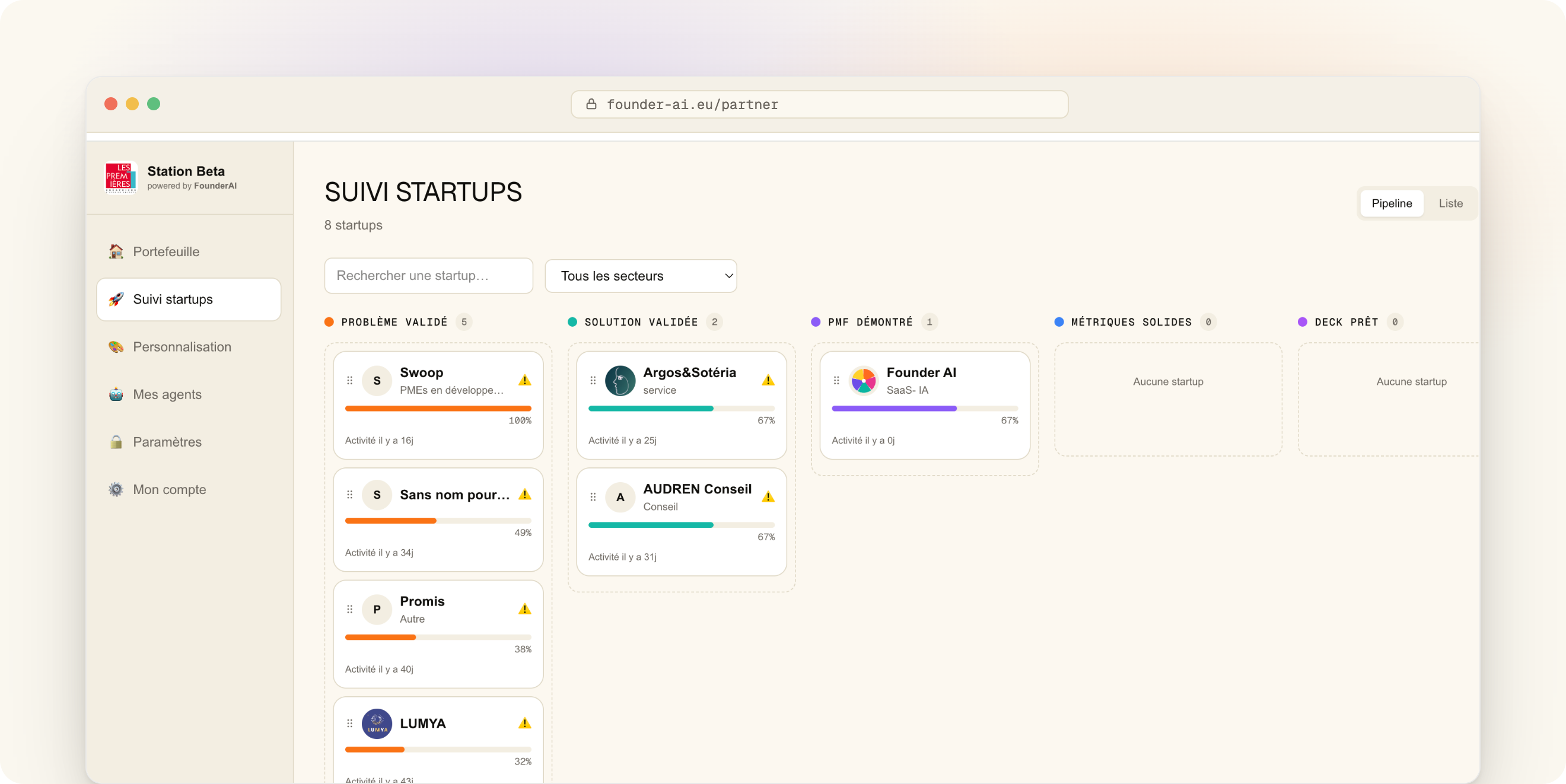 Pipeline de maturité — vue kanban du portefeuille partenaire